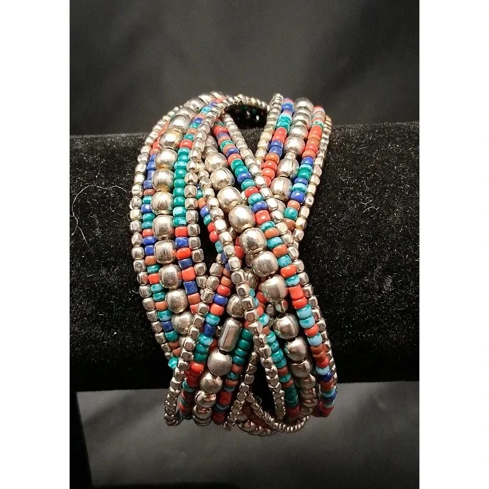Boho Multi Strand Seed Bead Cuff‎ Bracelet Silver Tone Turquoise Coral Blue Wide